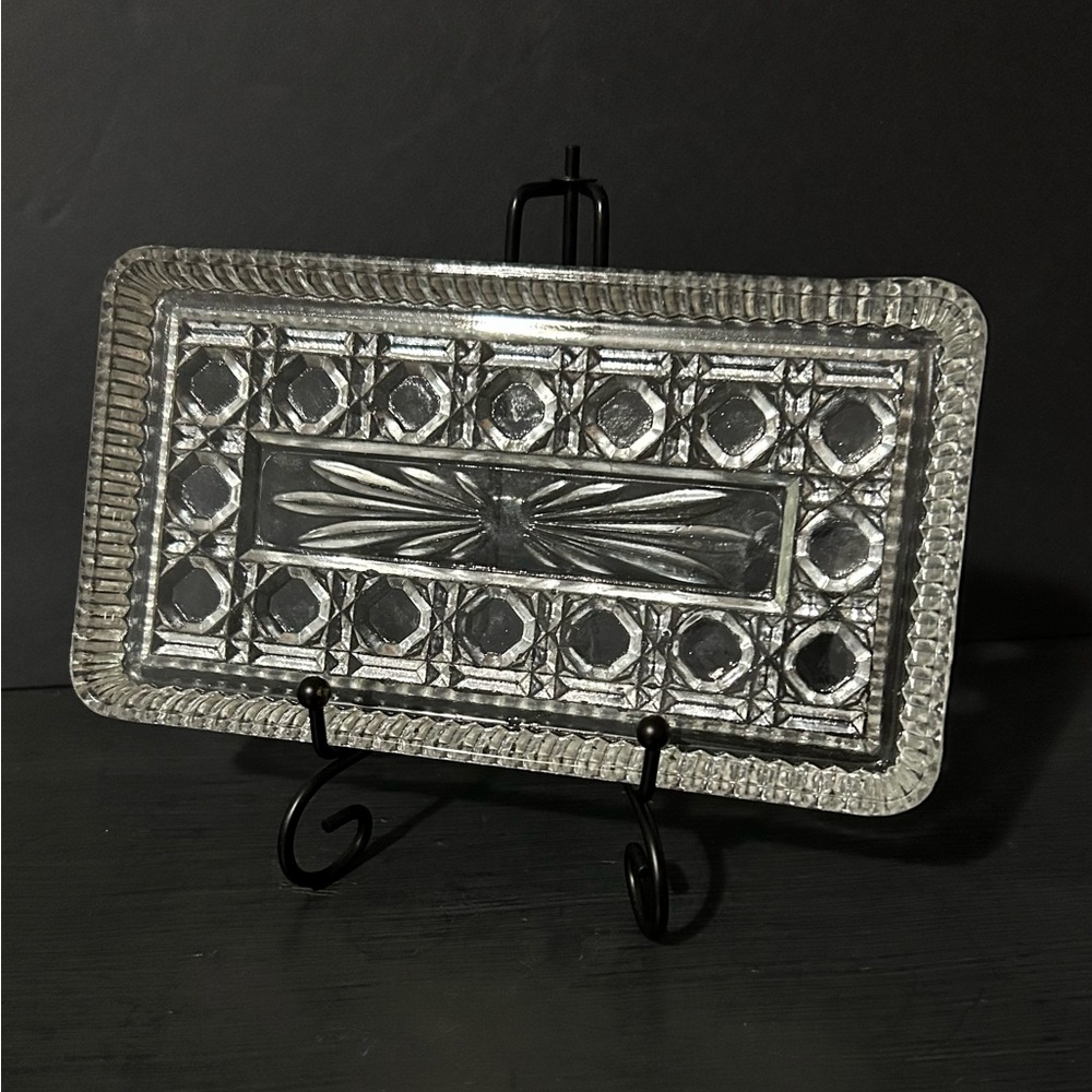 Vintage Windsor Federal Cut Glass Plate, 8.5x5.75x0.75, 70s Button/Cane Style